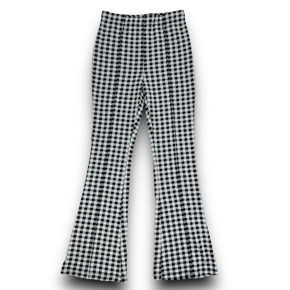 Mittoshop Womens Gingham Check Stretch Flare Pants High Waist Black White Small